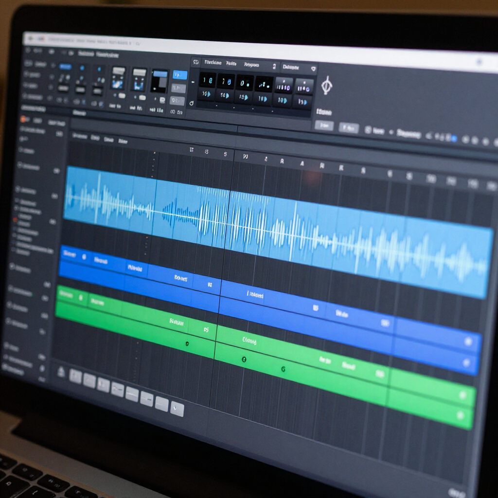 Audio editing software displaying blue and green tracks with a waveform on a laptop screen