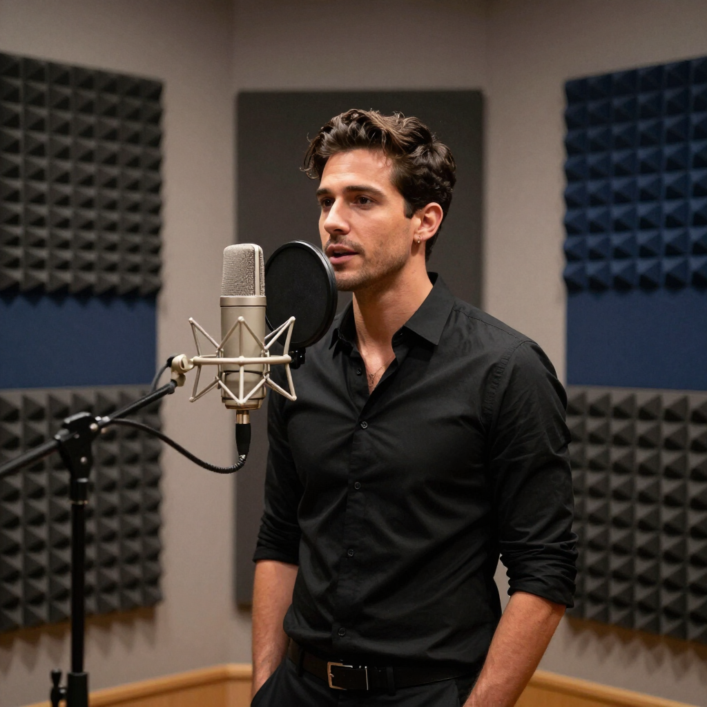 Man speaking into a studio microphone in a soundproof recording booth, wearing a black shirt.