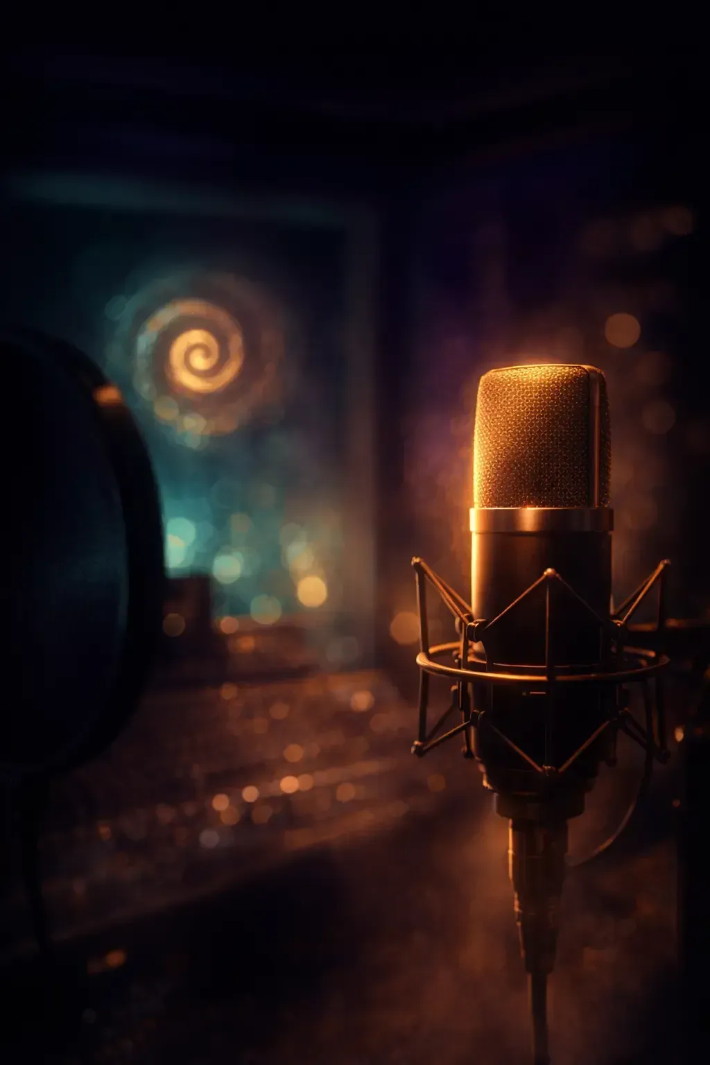 Studio microphone in warm light, with a blurred spiral glow in a dark recording room.