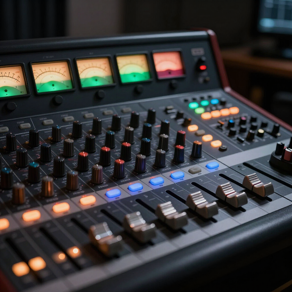 Audio mixing console with illuminated meters, knobs, and sliders in a dim studio