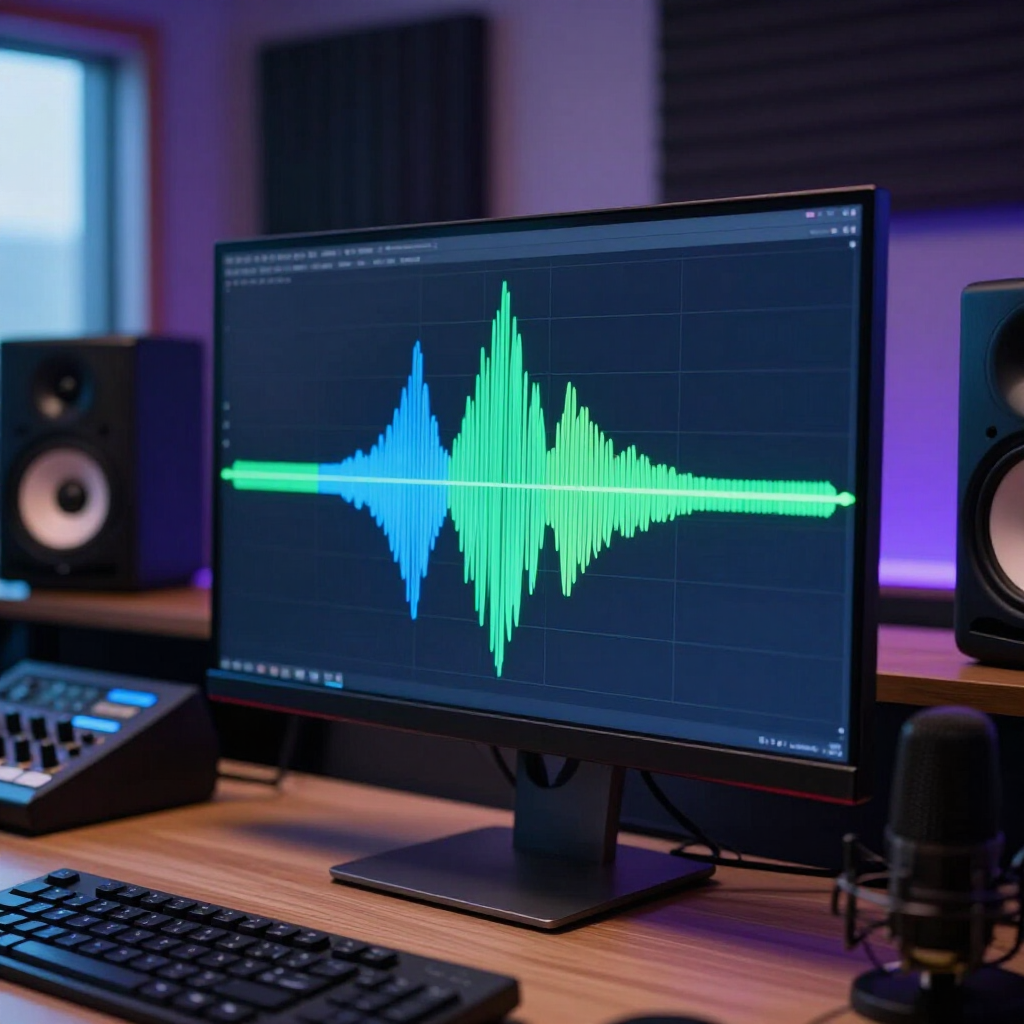 Audio editing desk with monitor showing a colorful waveform, speakers, keyboard, and microphone