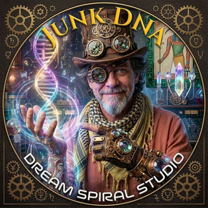 Steampunk man with glowing DNA helix in a gear-framed logo for Dream Spiral Studio
