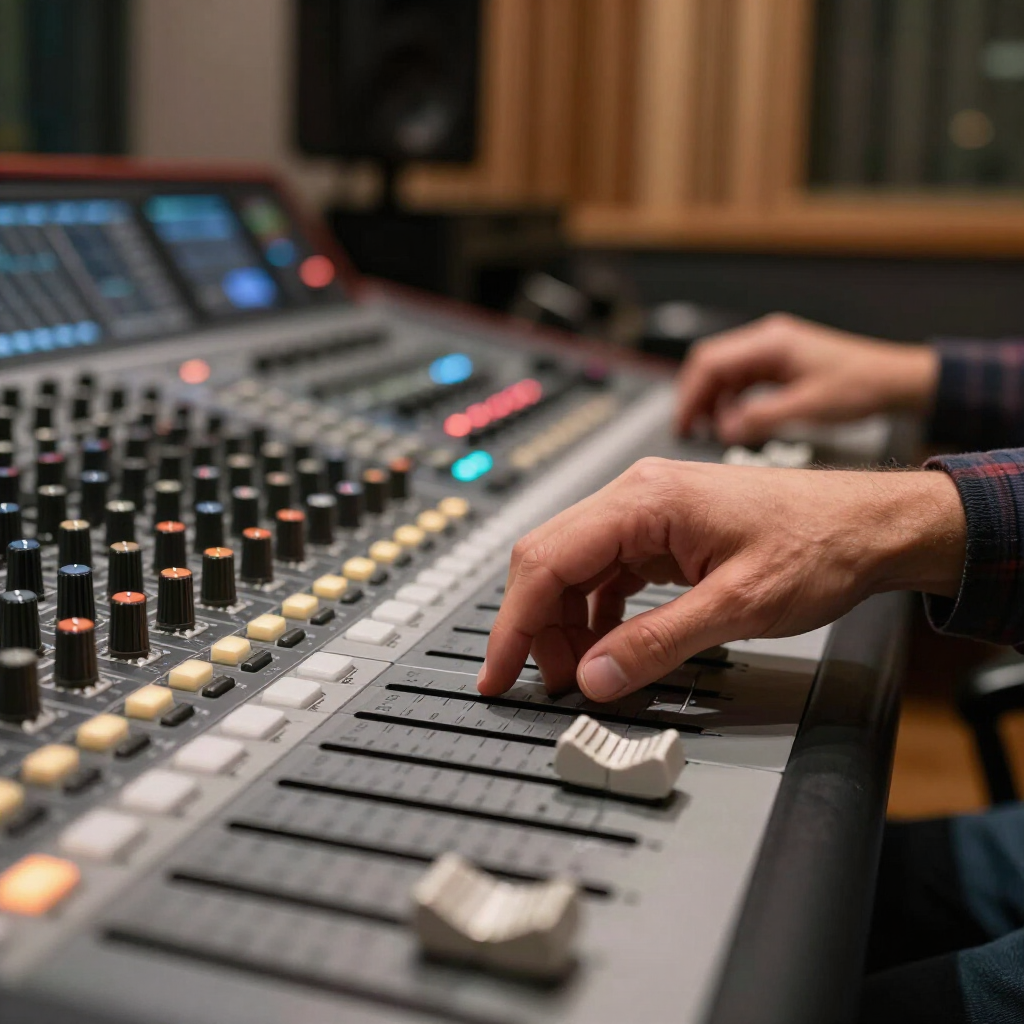 Hands adjusting audio mixer sliders in a recording studio