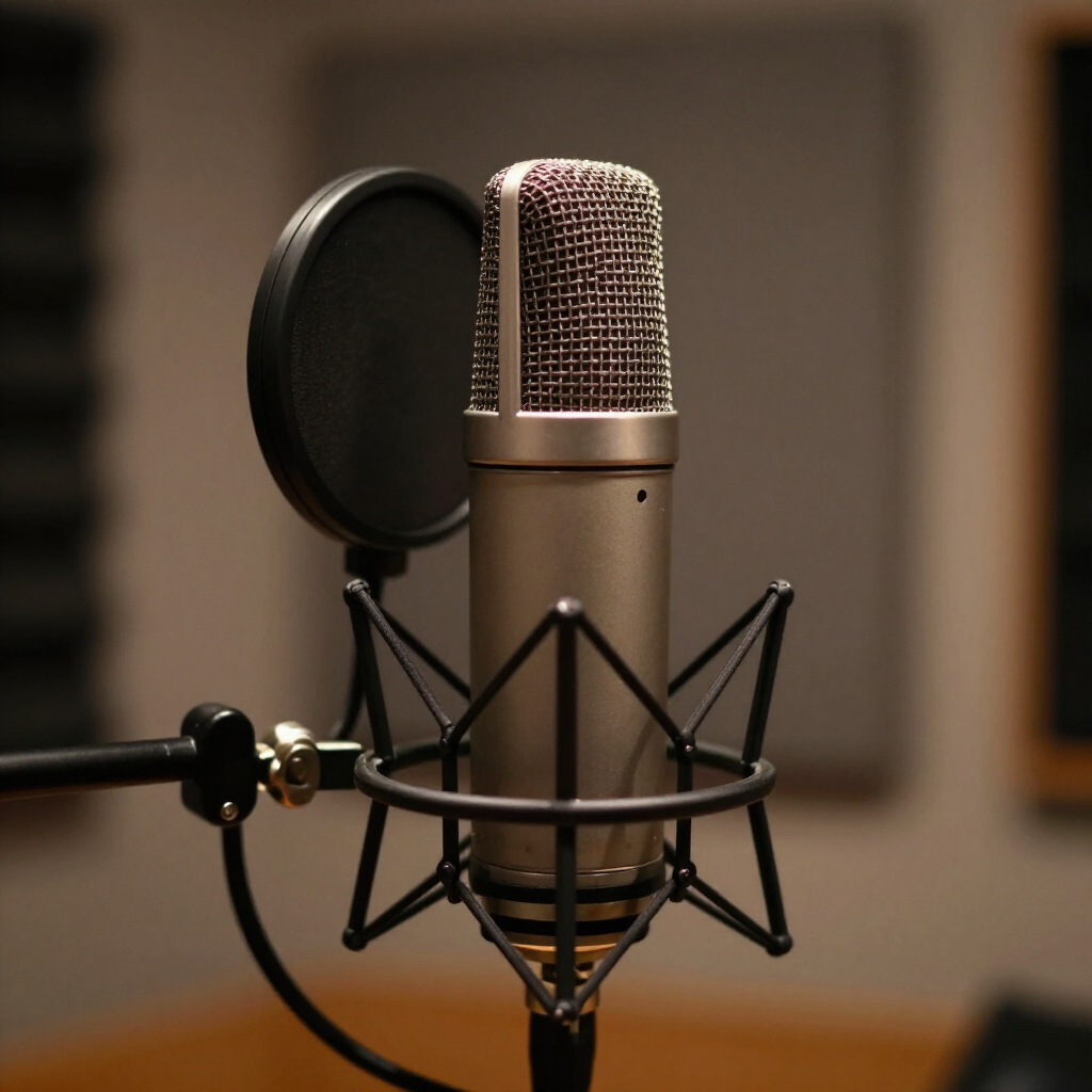 Studio microphone with pop filter on a boom arm in a recording booth