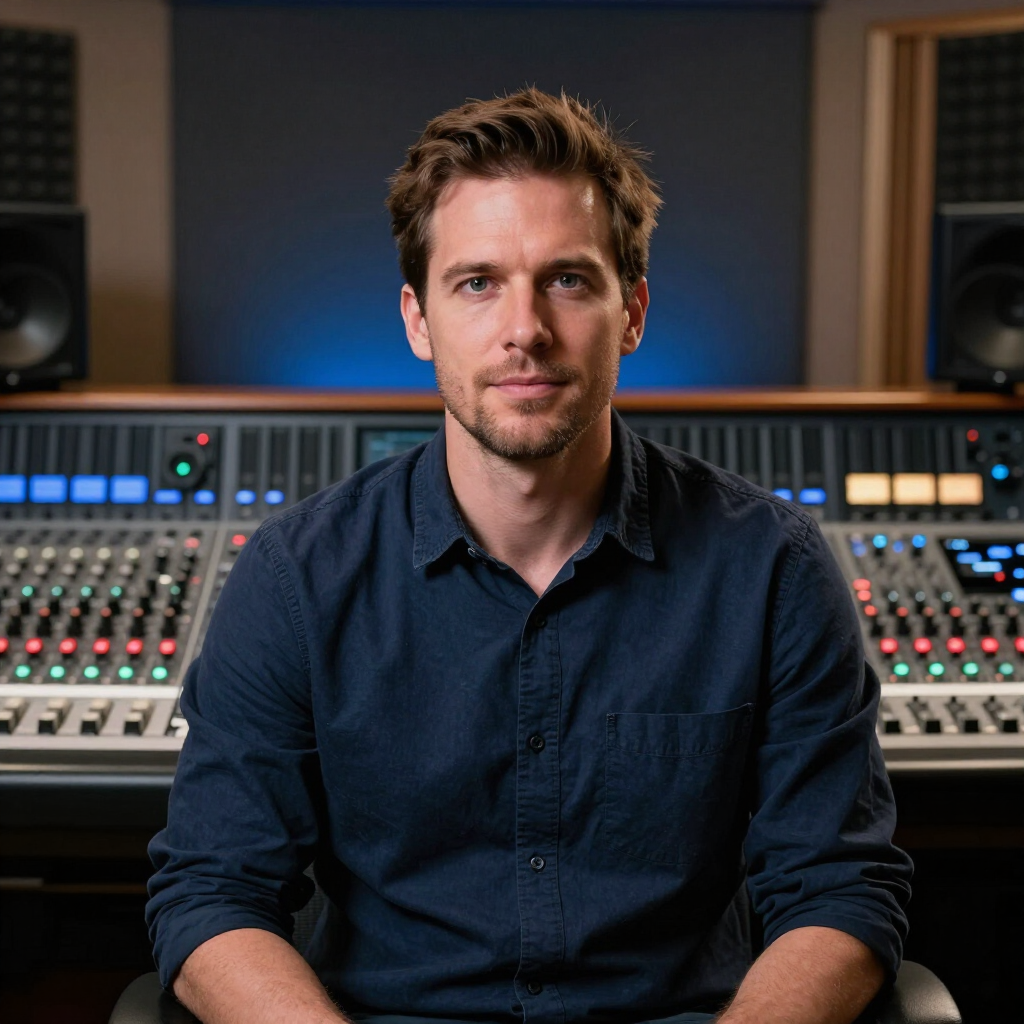 Man sitting in a recording studio in front of a large audio mixing console, wearing a dark blue shirt