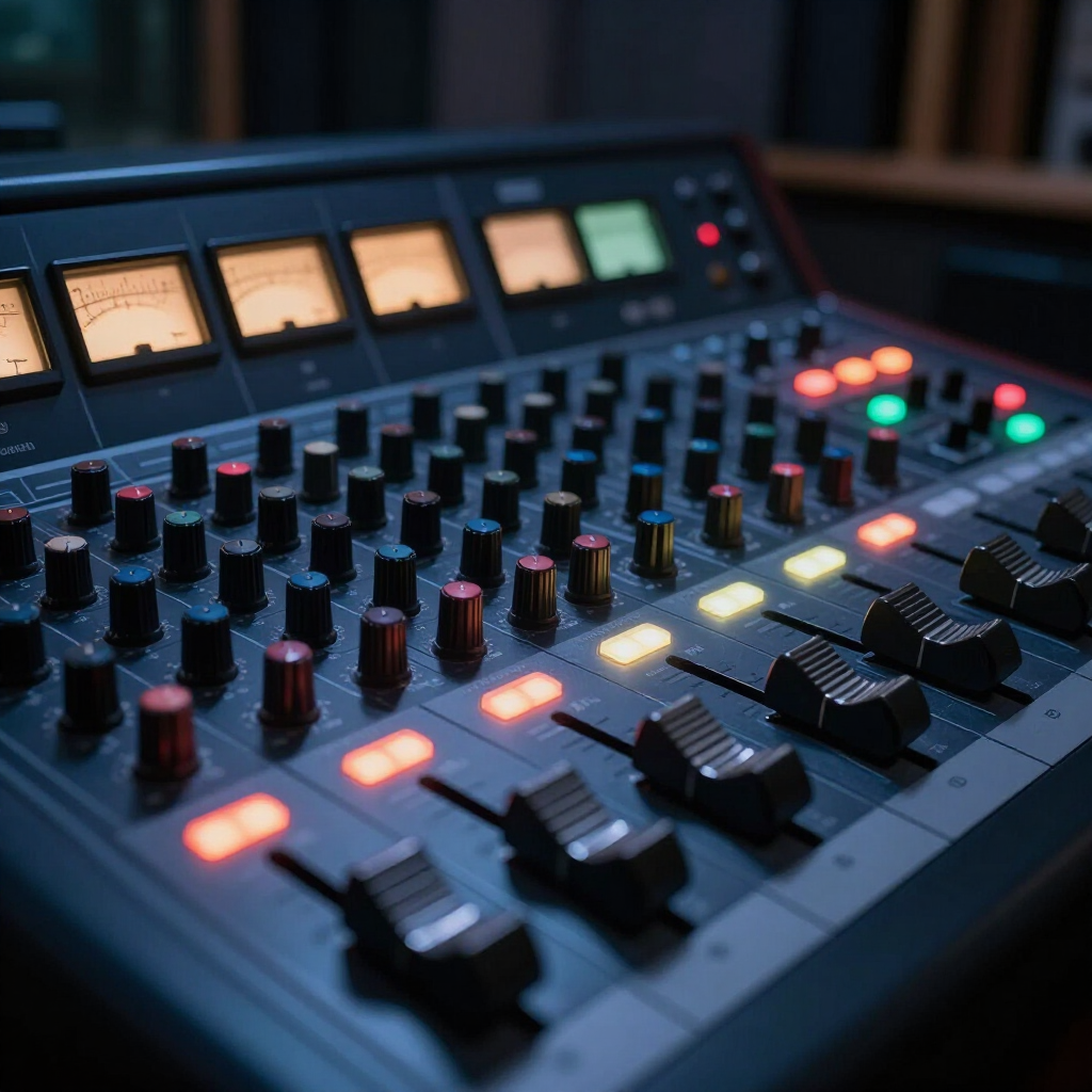 Close-up of an audio mixing console with glowing meters and illuminated buttons in a studio