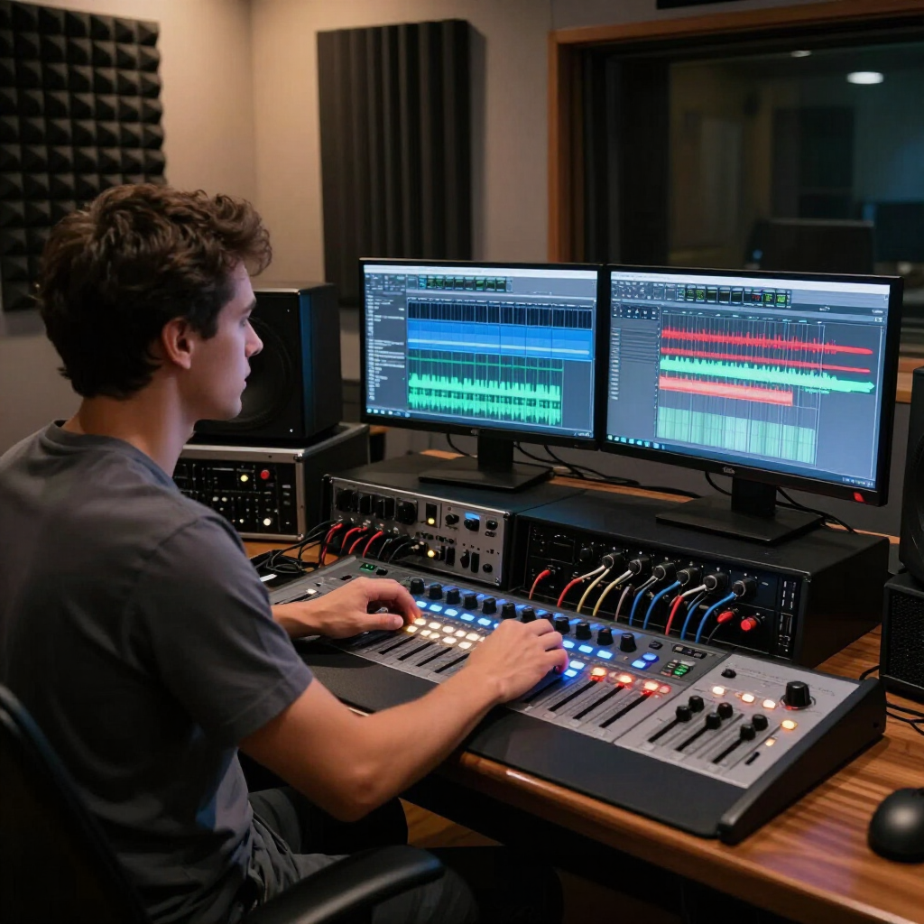 Person mixing audio at a studio console with dual monitors showing multitrack waveforms
