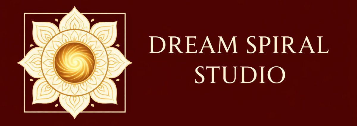 Gold spiral flower logo with “Dream Spiral Studio” text on a dark red background