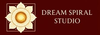 Gold spiral flower logo with “Dream Spiral Studio” text on a dark red background