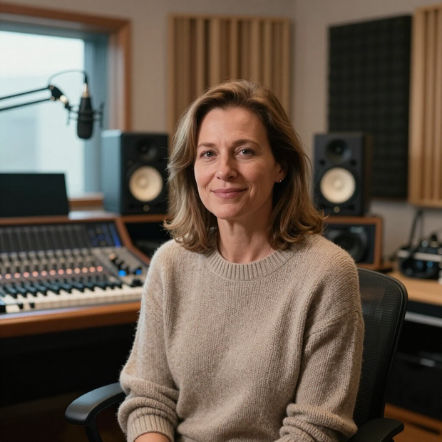 Woman seated in a recording studio with mixing console, speakers, and a microphone
