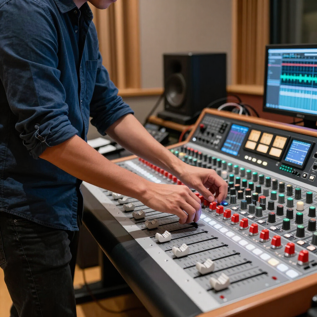 Person adjusting knobs on a large audio mixing console in a recording studio.