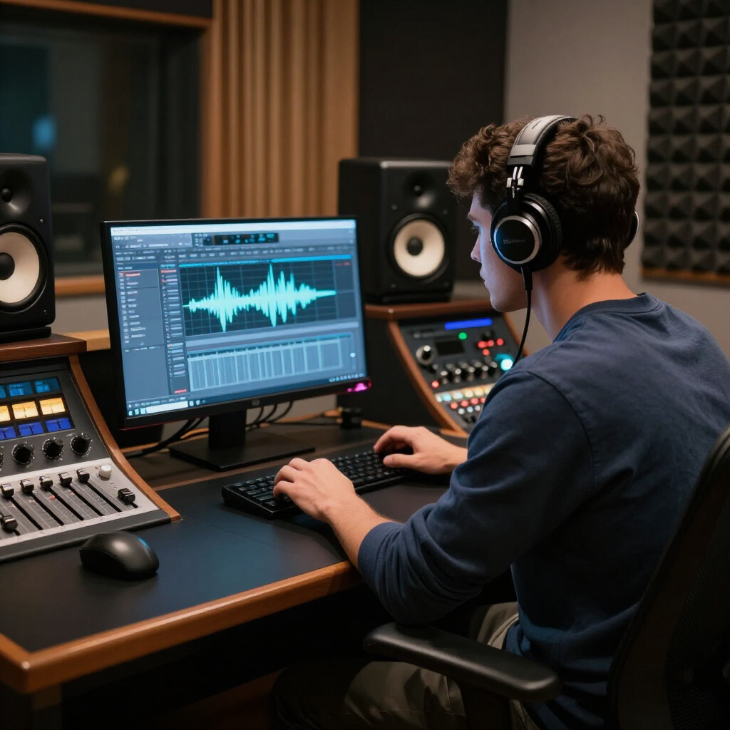 Audio engineer editing a sound waveform on a studio monitor, wearing headphones in a recording studio.