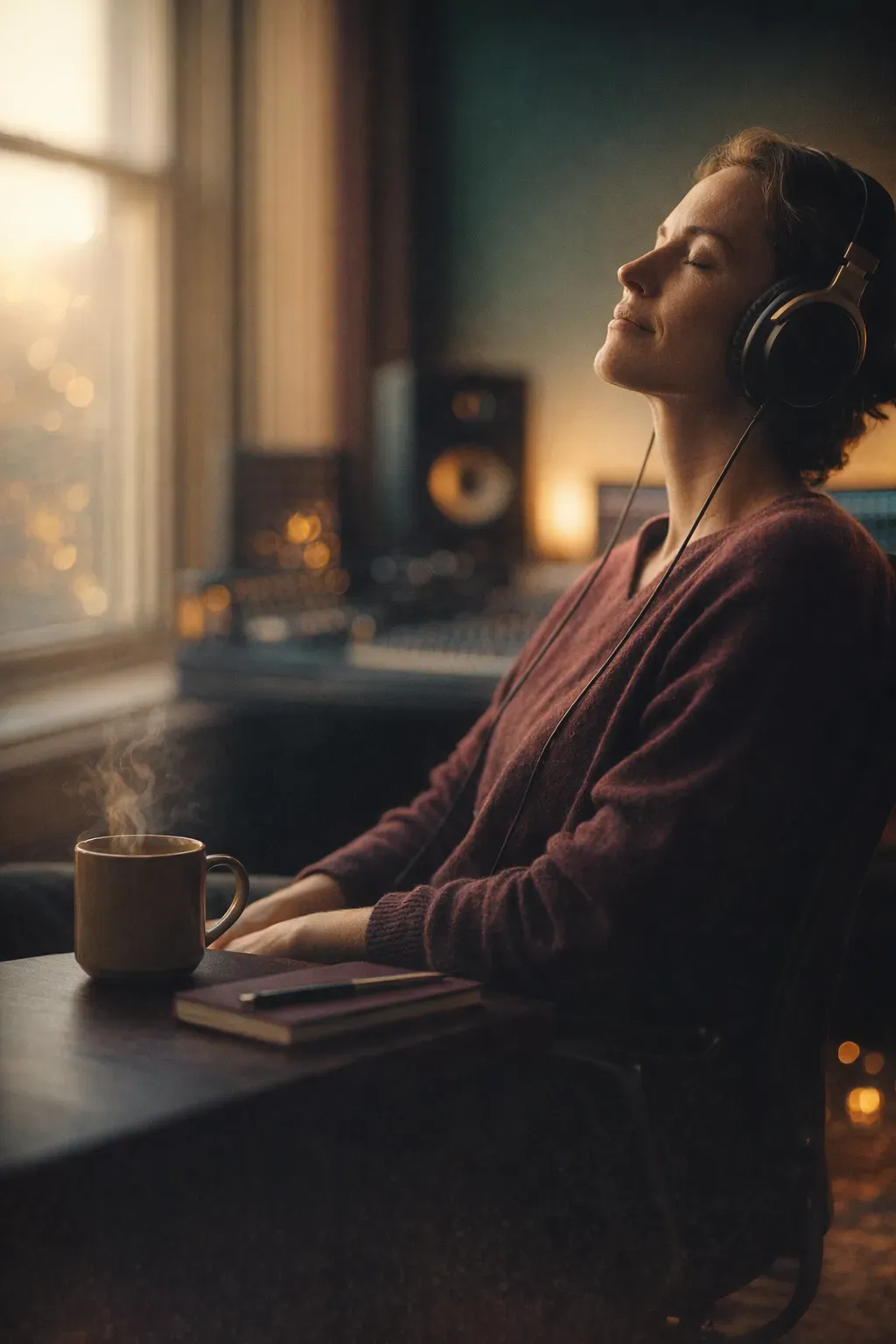 Person wearing headphones relaxing at a desk by a window, with a mug and notebook in warm light.