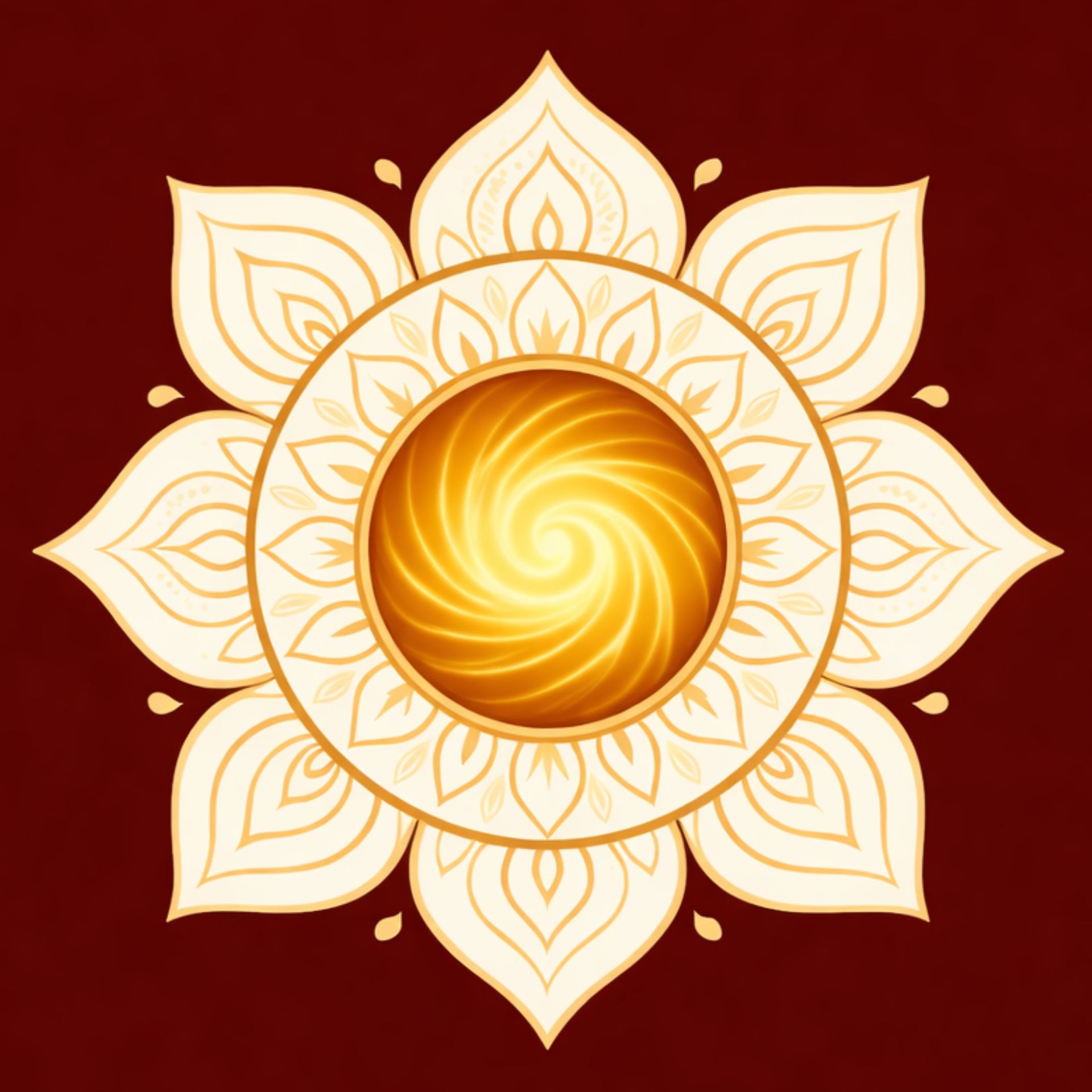 Golden mandala lotus with swirling center on a deep red background