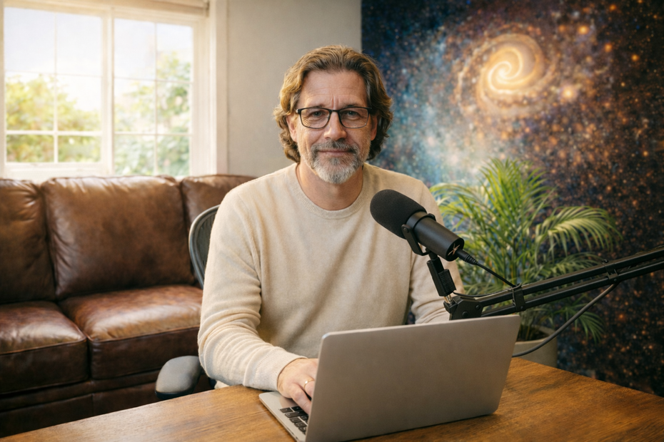 Man speaking into a microphone at a laptop in a cozy home studio with a couch and galaxy artwork.