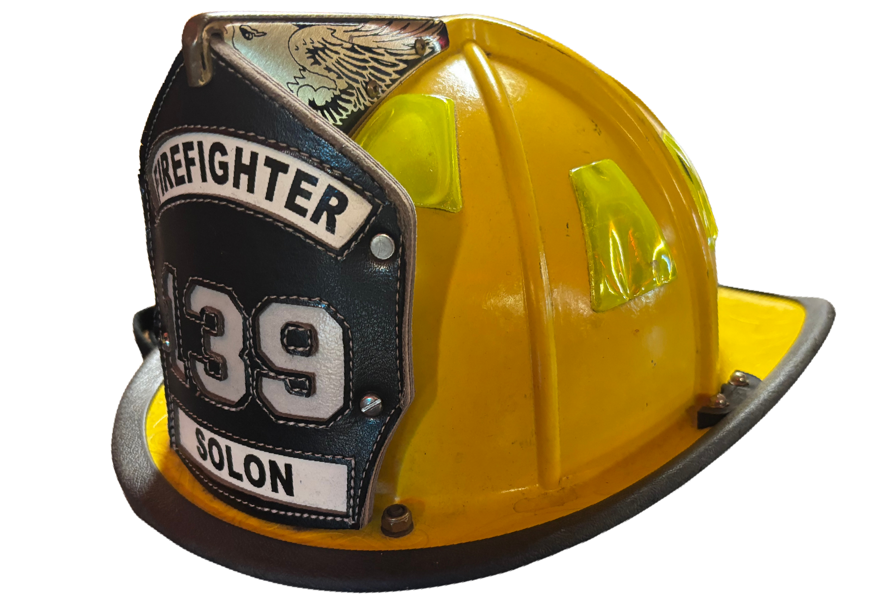 Yellow firefighter helmet with black front shield. Displays