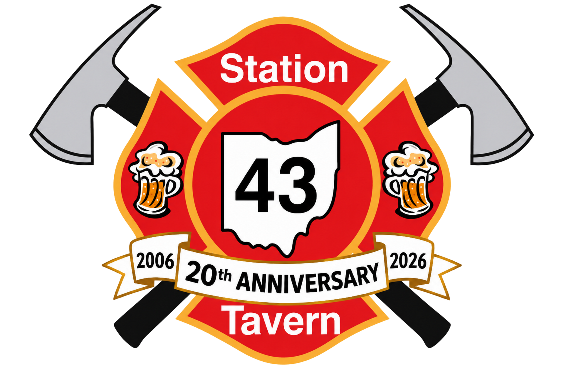 Fire station emblem with Ohio outline, crossed axes, mugs of beer, and 