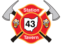 Fire station emblem with Ohio outline, crossed axes, mugs of beer, and