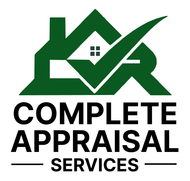 Green house-shaped logo with checkmark, text "COMPLETE APPRAISAL SERVICES" below.