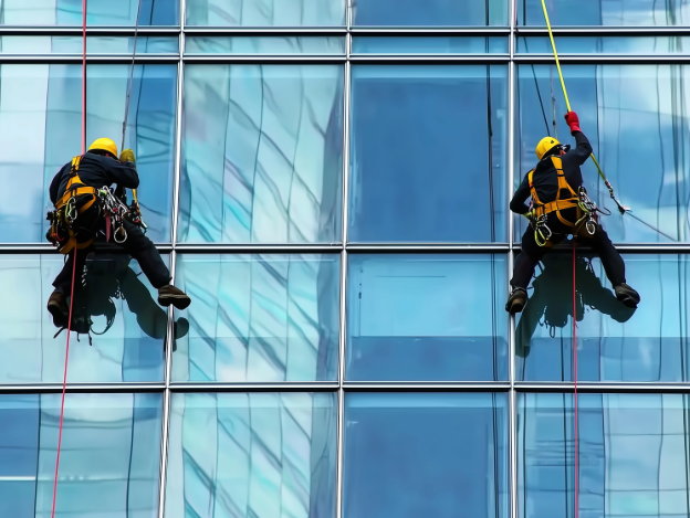 Two window washers suspended by ropes on a glass building facade