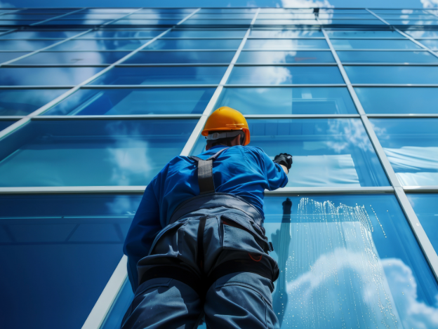 Worker in blue safety gear and yellow hard hat cleaning a glass high-rise facade with ropes