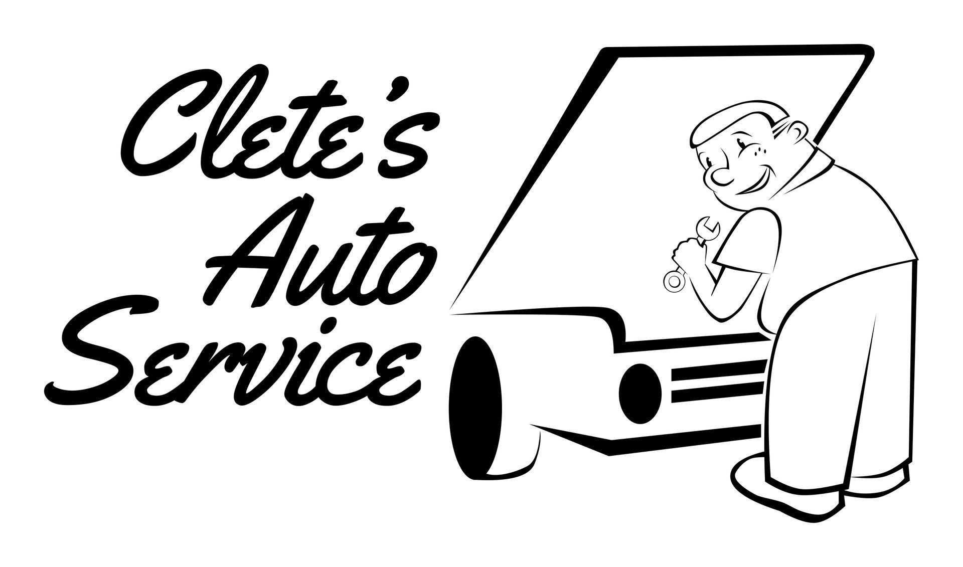 Clete’s Auto Service logo with a mechanic beside a car on a white background