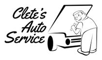 Clete’s Auto Service logo with a mechanic beside a car on a white background