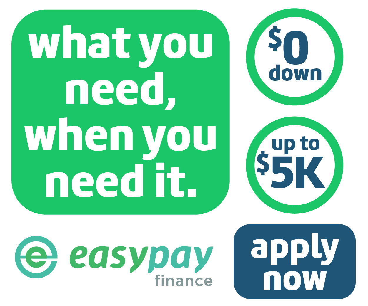 EasyPay Finance ad: “what you need, when you need it,” $0 down, up to $5K, apply now