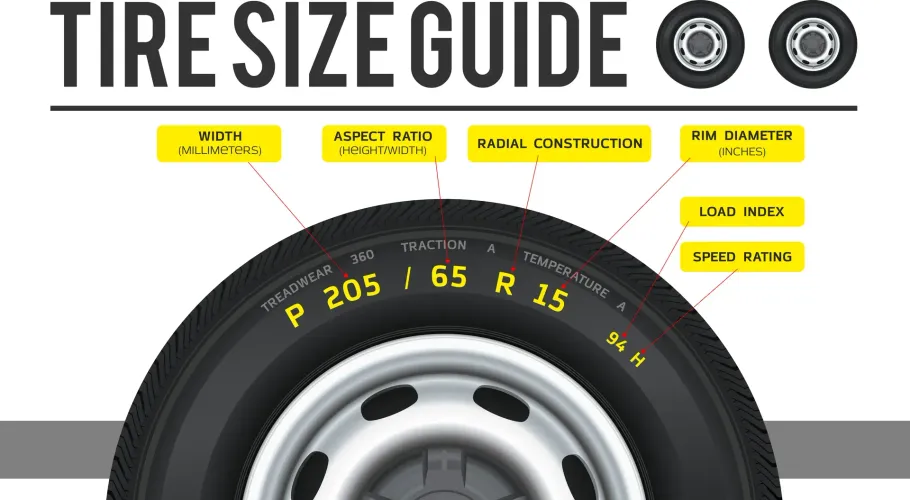 Tire size guide infographic showing tire size markings on a car wheel
