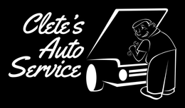 Clete’s Auto Service logo with white script and a mechanic beside a car on a black background