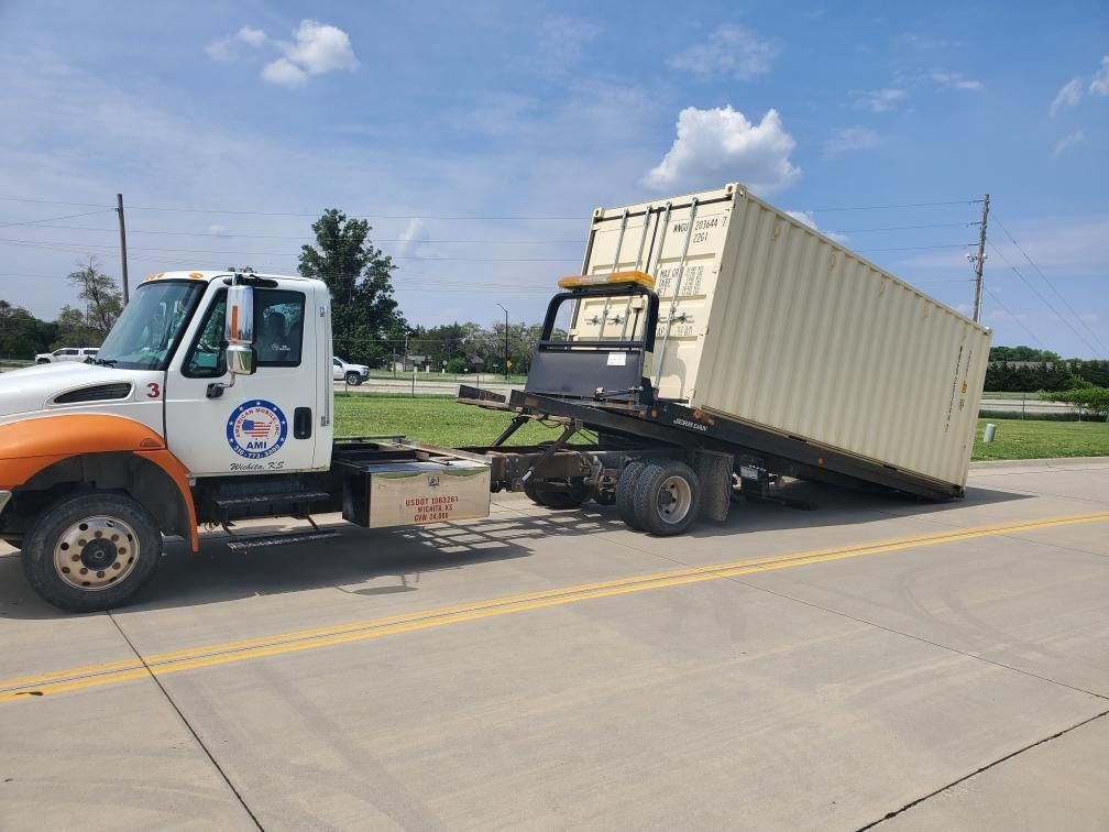 Line of 4 40 Ft shipping containers for sale at American Mobile Inc. Stockton KS location