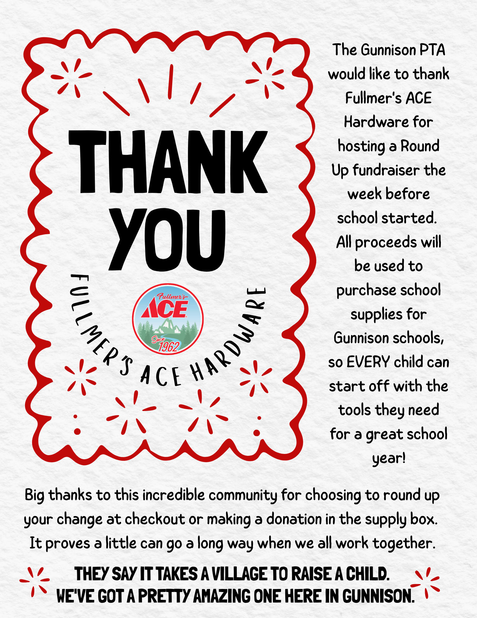Thank-you poster for the Gunson PTA with ACE logo, thanking a community for school hardware and supplies.