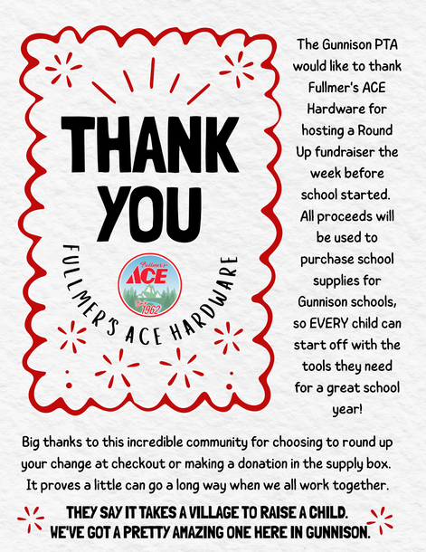 Thank-you poster for the Gunson PTA with ACE logo, thanking a community for school hardware and supplies.