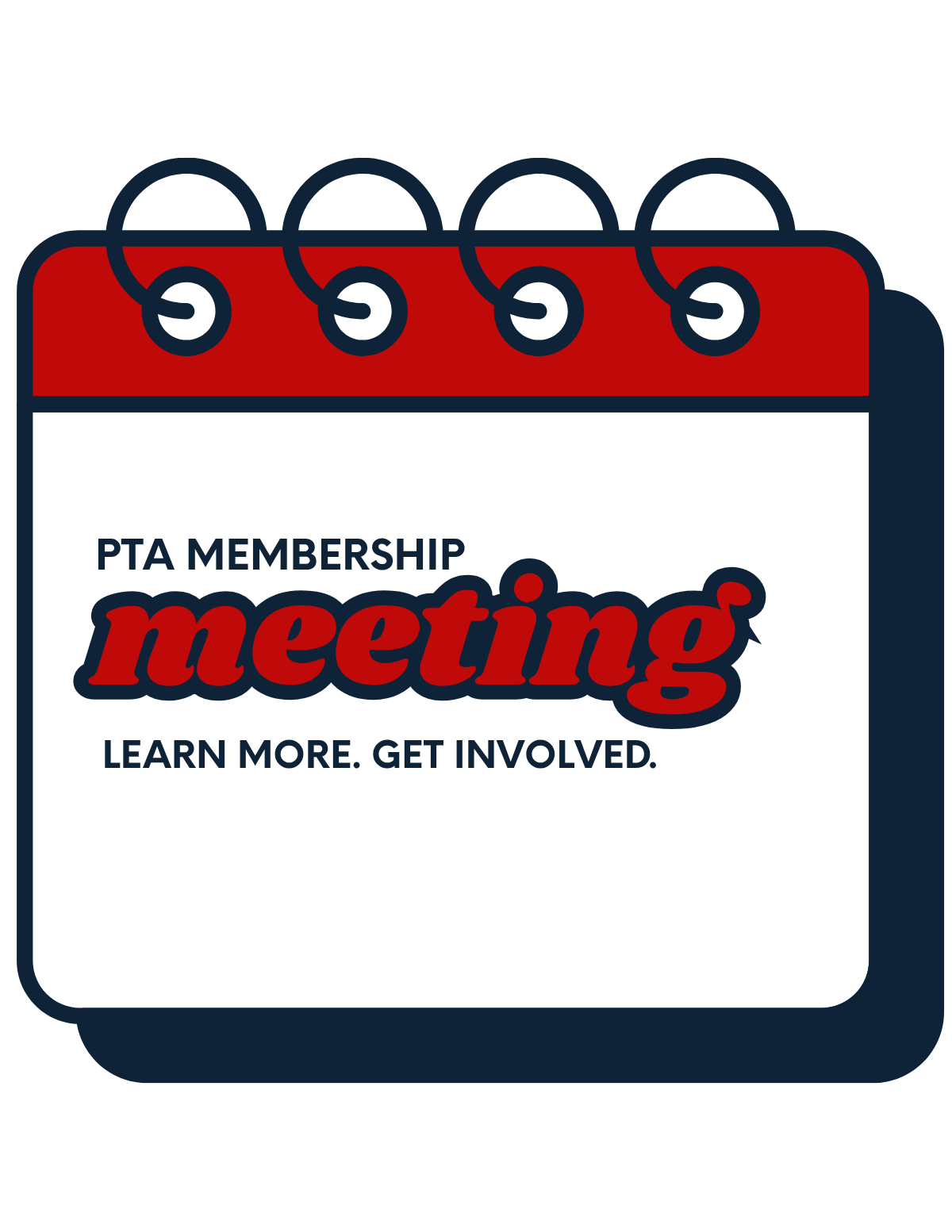 PTA membership meeting flyer with red-and-white notepad graphic and “Learn more. Get involved.”