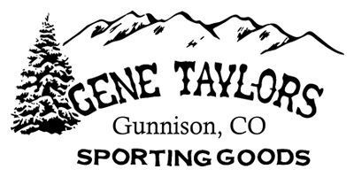 Logo for Gene Taylor's Sporting Goods in Gunnison, CO. Features mountains, a pine tree, and the company name.