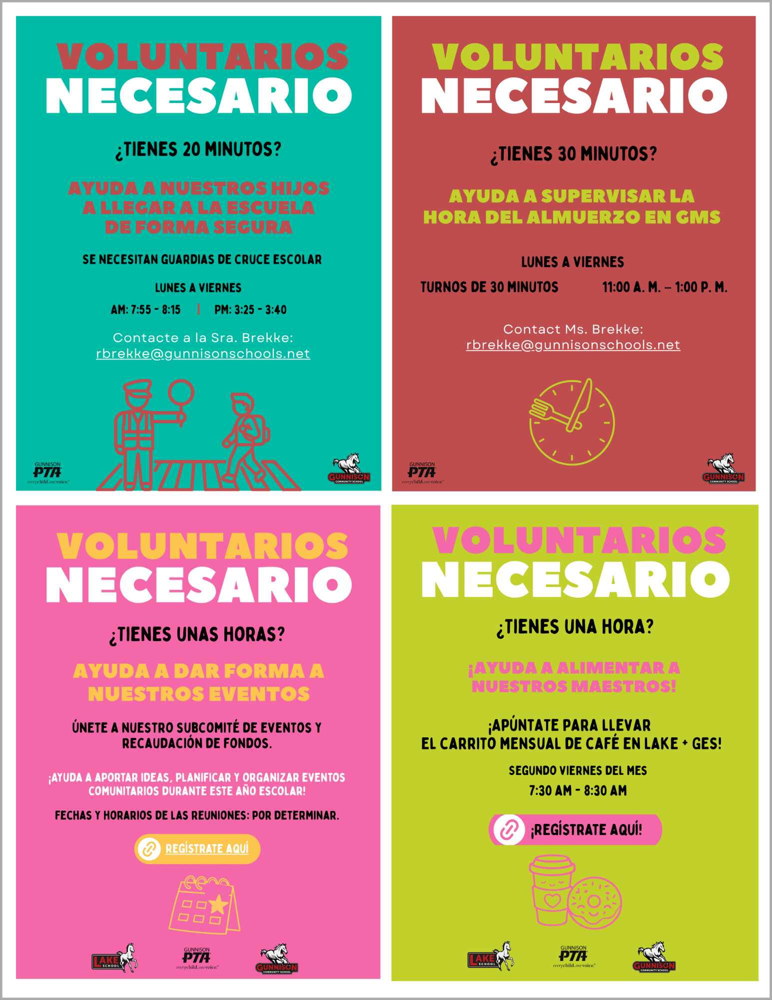 Collage of four colorful volunteer recruitment posters with bold “VOLUNTEERS NEEDED” text and activity details