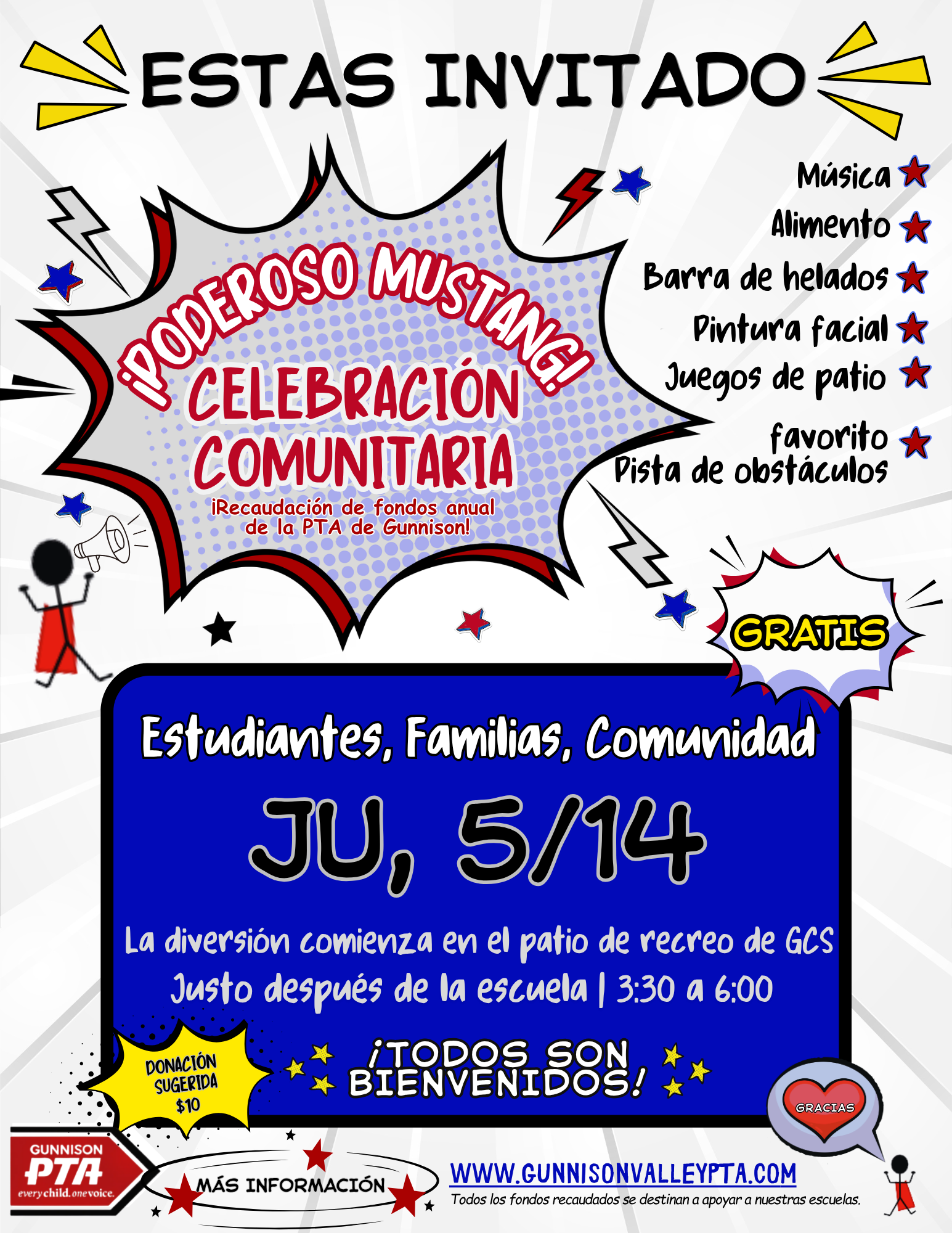 Poster inviting students, families, and the community to a fundraising event. It lists activities like running, biking, and obstacle courses.