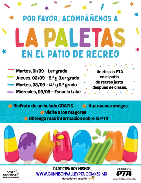 Colorful Spanish PTA flyer promoting popsicles in the school playground during recess.