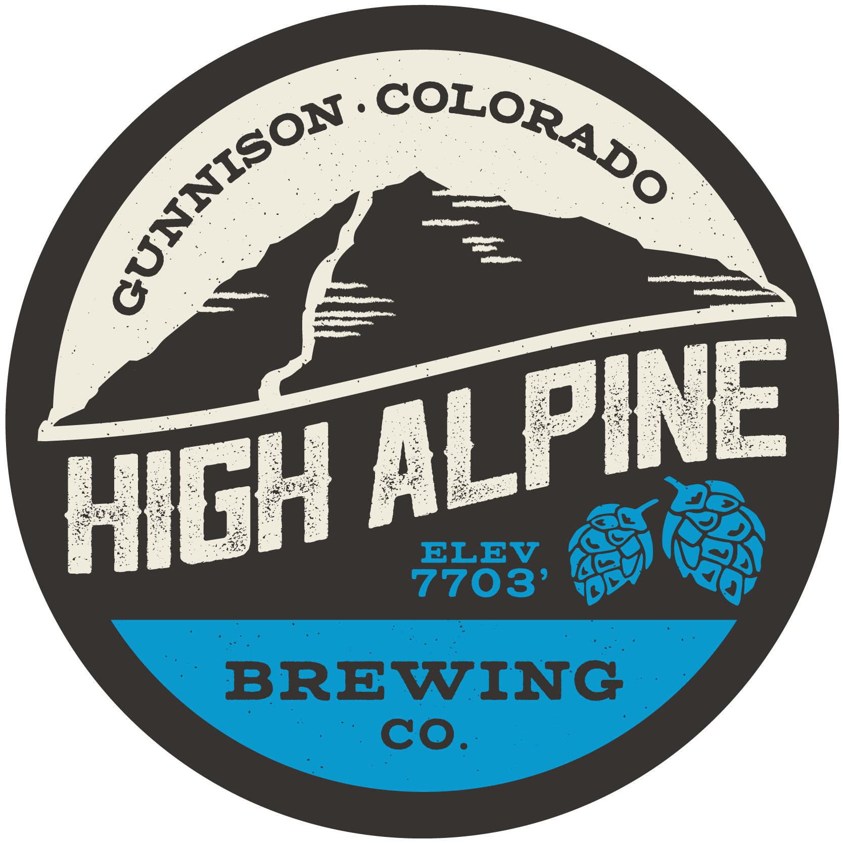Logo for High Alpine Brewing Co. in Gunnison, Colorado, with mountain illustration and hops.