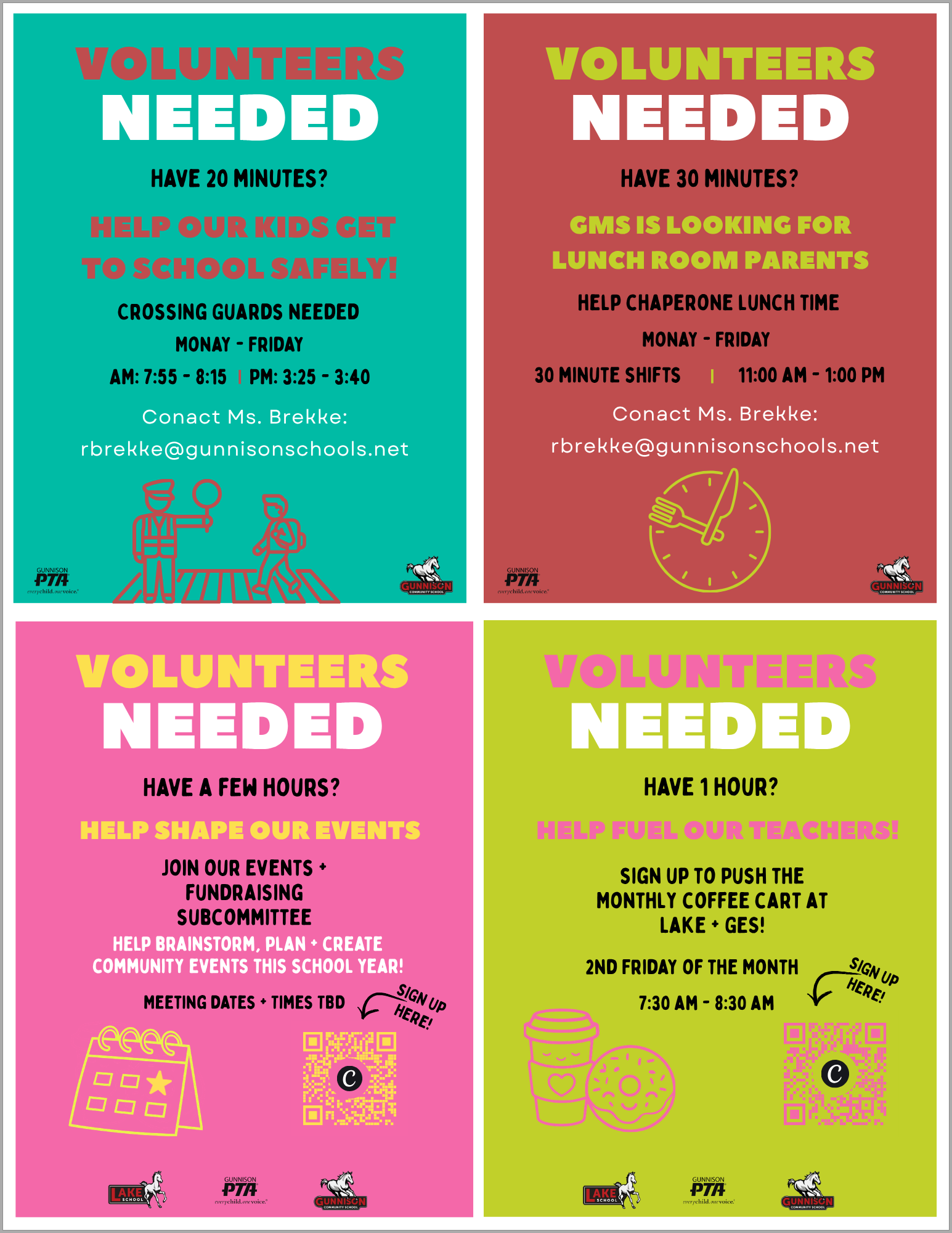 Collage of four colorful volunteer recruitment posters with bold “VOLUNTEERS NEEDED” text and activity details