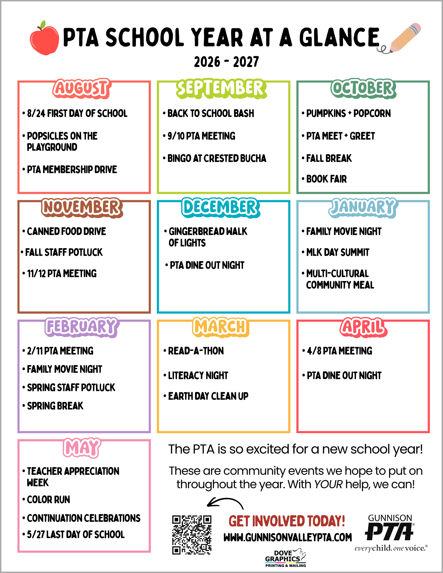 Hand-drawn Gunnison PTA calendar with colorful event icons on a monthly grid