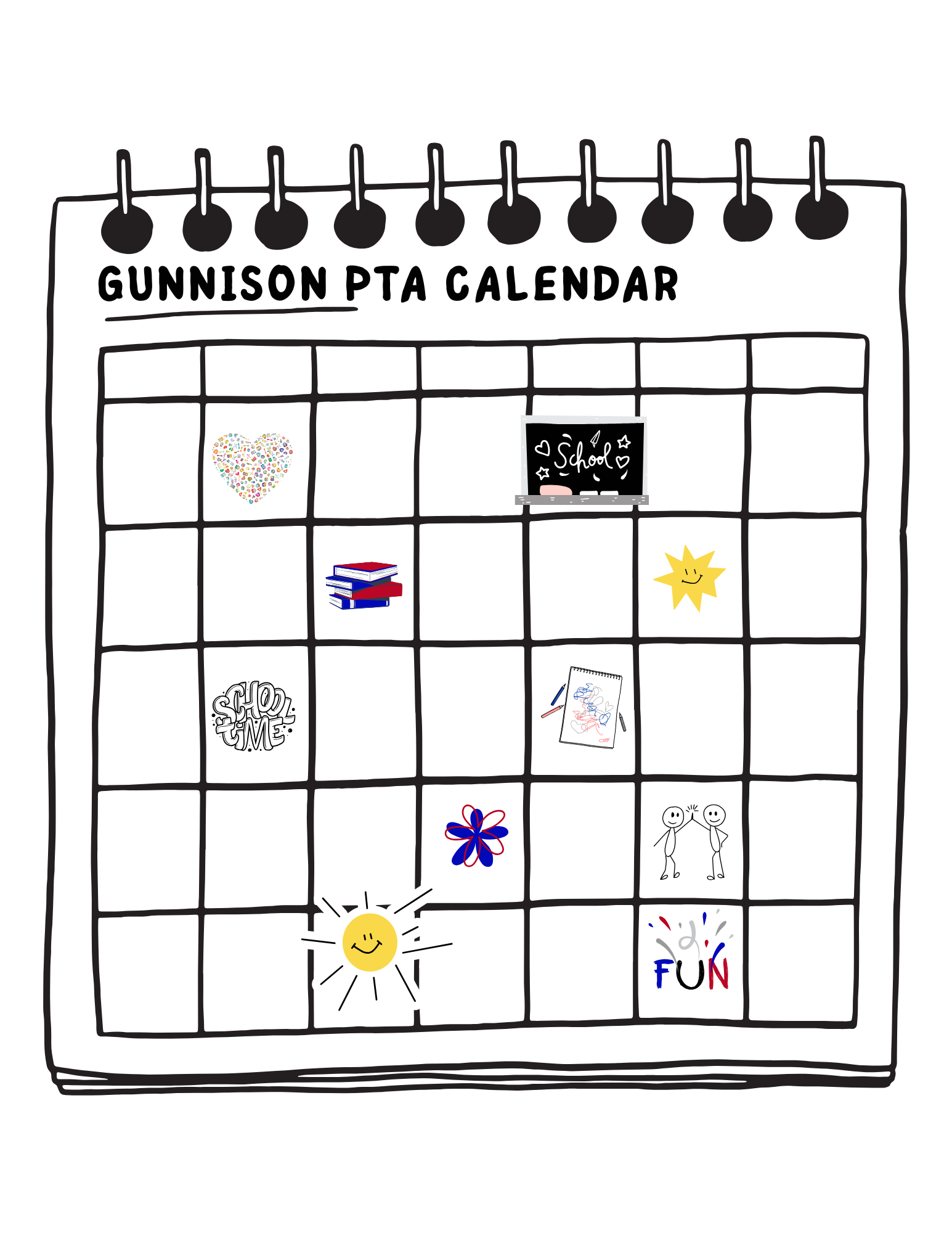 Gunnison PTA calendar with icons: heart, book, sun, school, house, snowflake, house, sun, FUN.