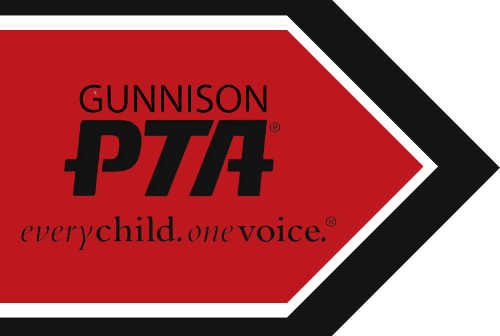 Gunnison PTA logo: Red banner with black accents. Black text reads