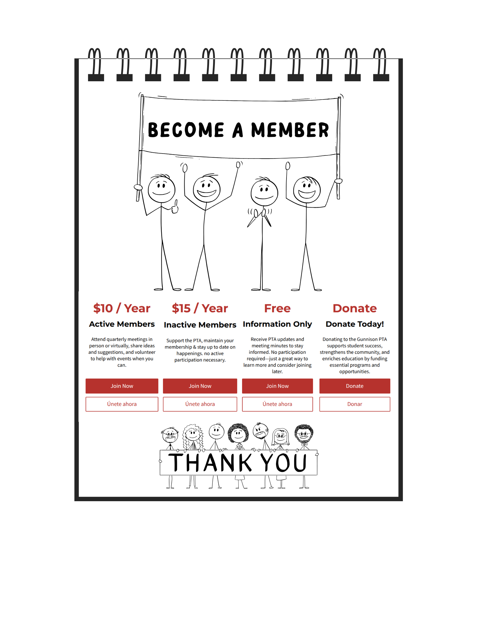 Membership sign-up sheet: Options for members at $10/year, $5/year, free, and donate. Stick figures hold up a 
