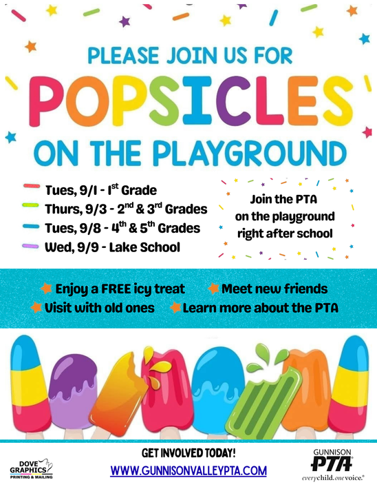 Flyer for a PTA popsicles playground event with dates, times, and colorful popsicles at the bottom