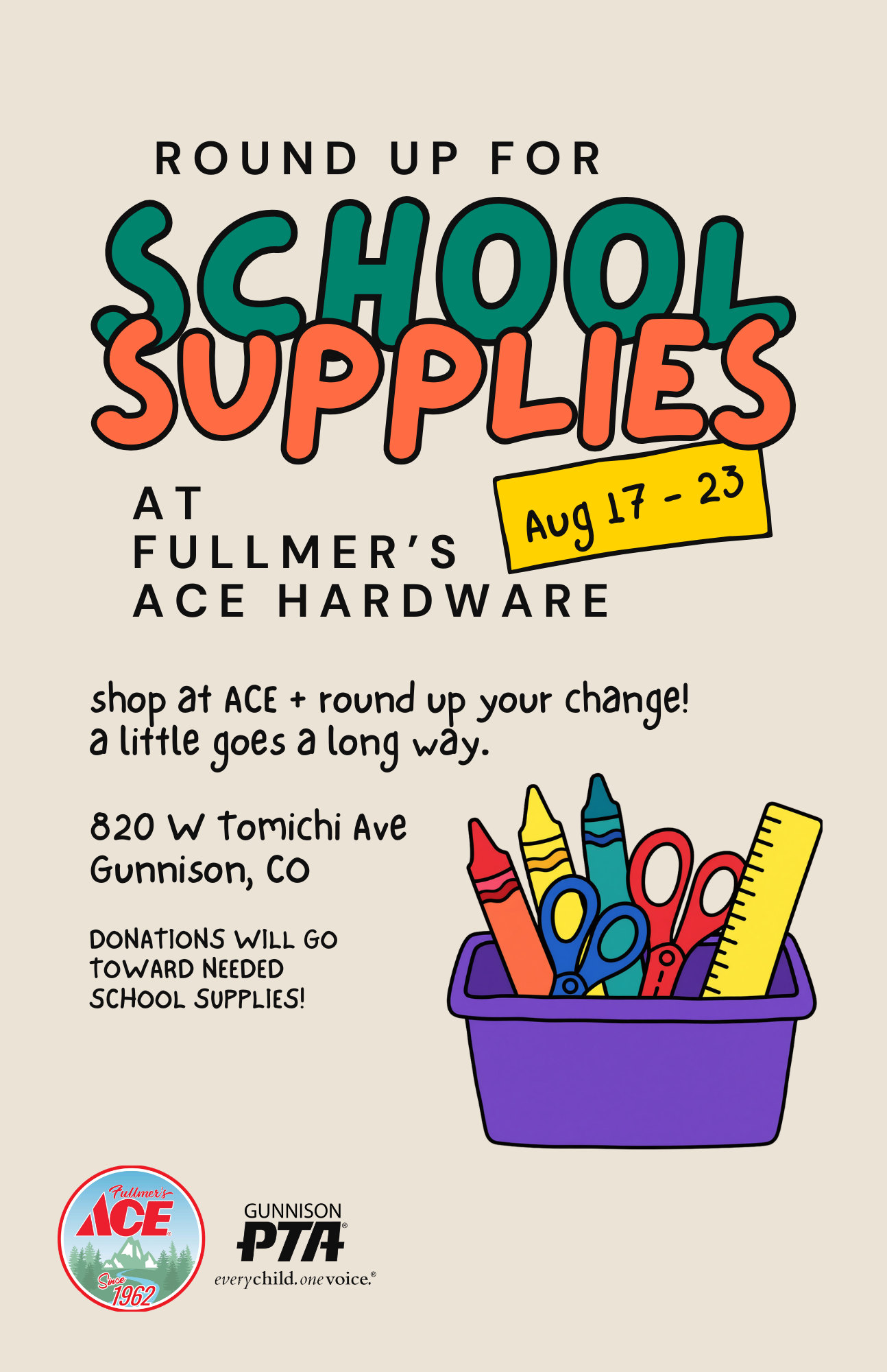 Round up for school supplies poster with purple bin, crayons, and Aug 1–23 date at Fuller’s Ace Hardware