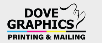 Logo for Dove Graphics, a printing and mailing company. Text over a horizontal color bar. A stylized dove graphic.