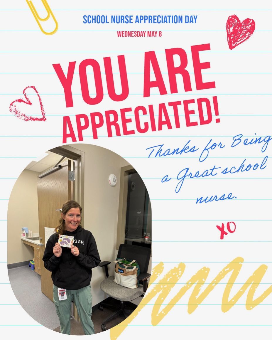 Poster for School Nurse Appreciation Day. A nurse holds a card,