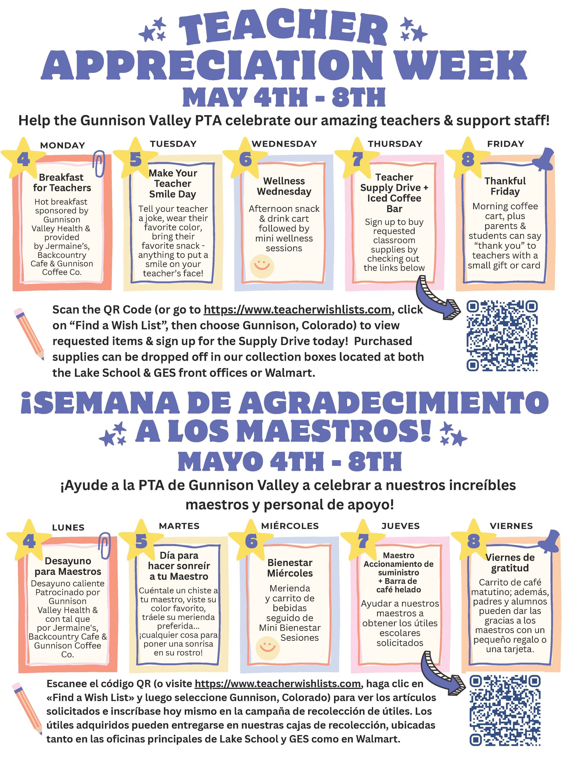 Teacher Appreciation Week poster with a blue header, multiple thank-you notes, and a QR code on a white background