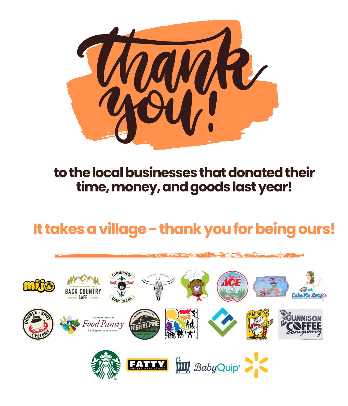 Thank you poster for local businesses, with orange brush lettering and sponsor logos below.